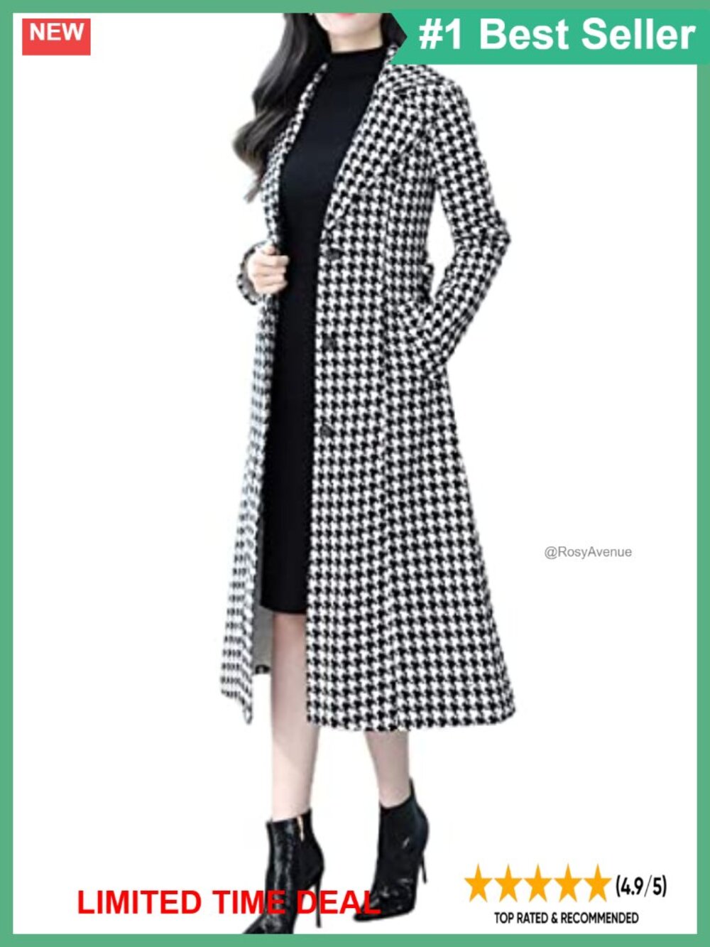 Houndstooth Wool Blend Trench Coat Quilt-Lined Winter Pea Coat
